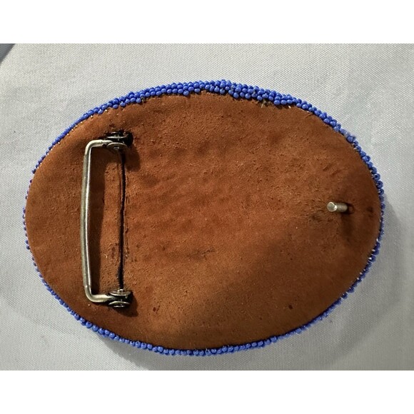VTG Native American Handmade Beaded Belt Buckle Deer hide Leather Backing main image 5